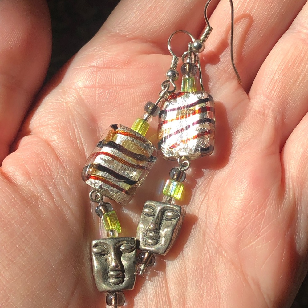 Vintage striped foiled art glass dangle earrings w/ serene silvertone faces
